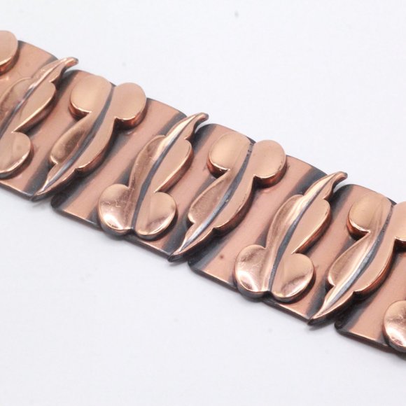 Matisse Renoir Signed Modernist Copper Link Wide Leaf Bracelet - Picture 4 of 7